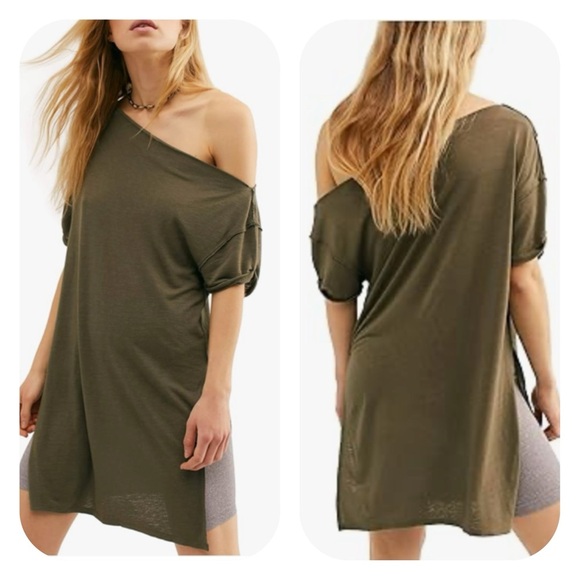 Free People Tops - Free People Take It Easy Linen Blend Tunic Tee Off The Shoulder Green Size Large